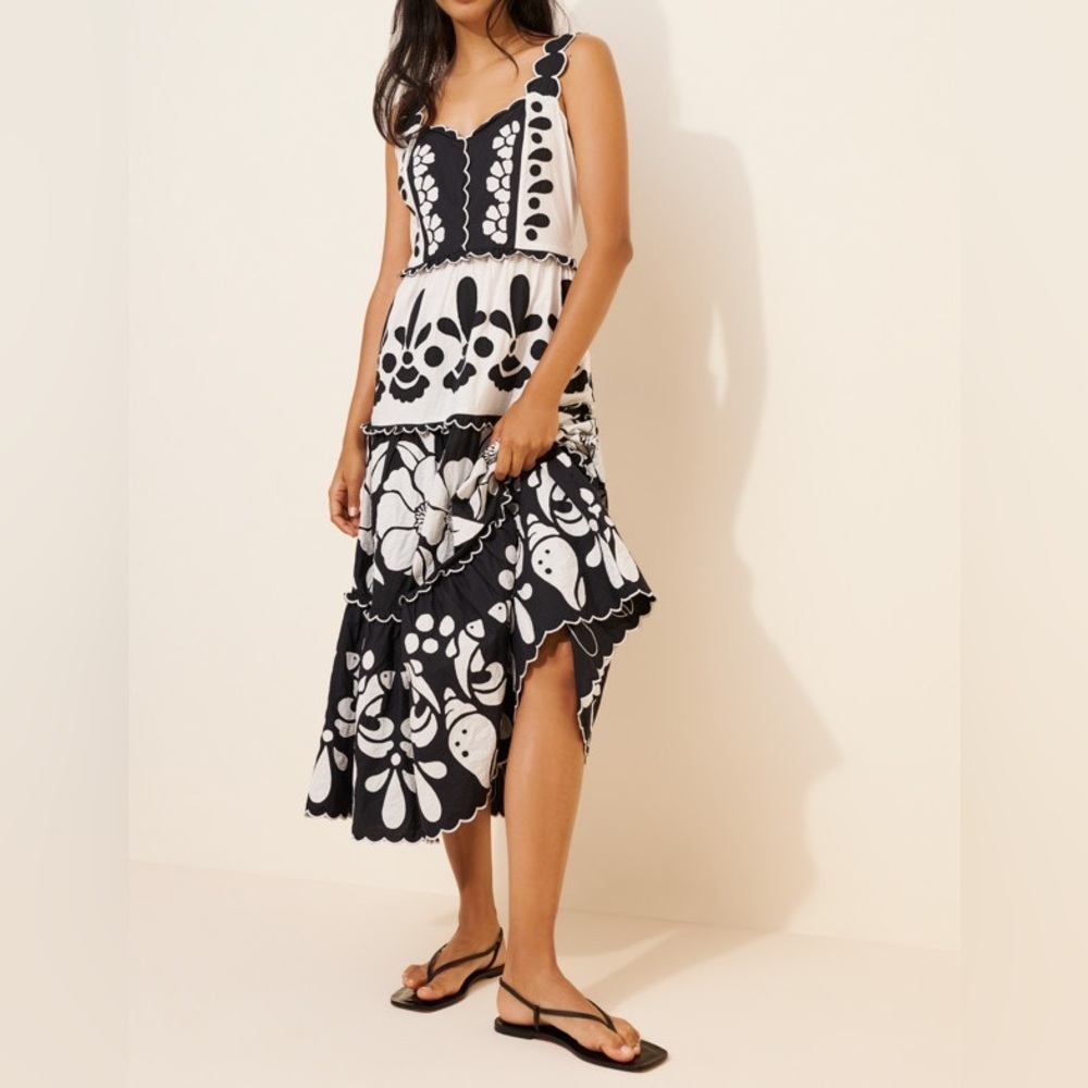 FARM Rio Tiered Floral Cutwork Organic Cotton Midi Dress Size XS